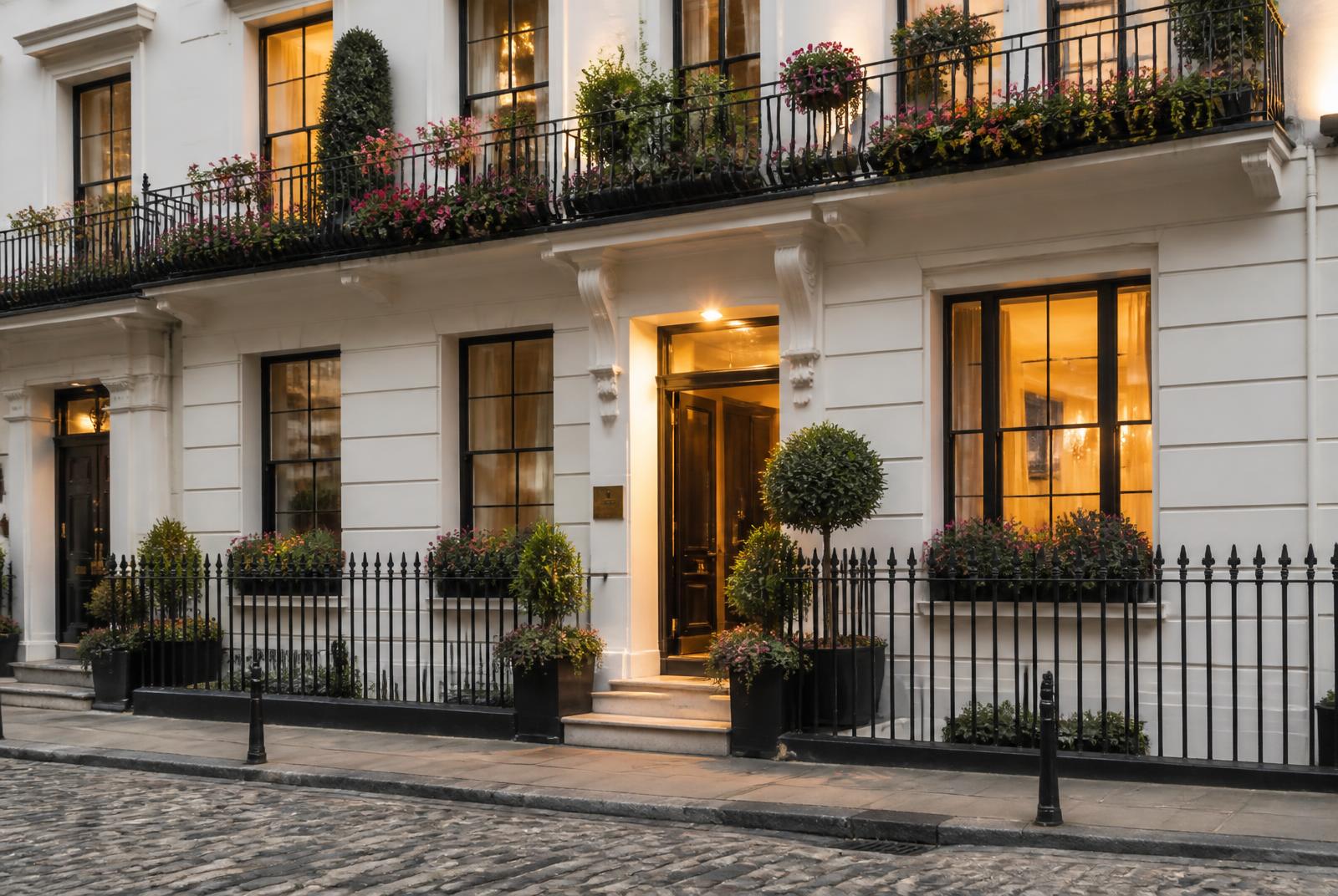 Charmig fasad på ett litet hotell i ett georgianskt stadshus i London