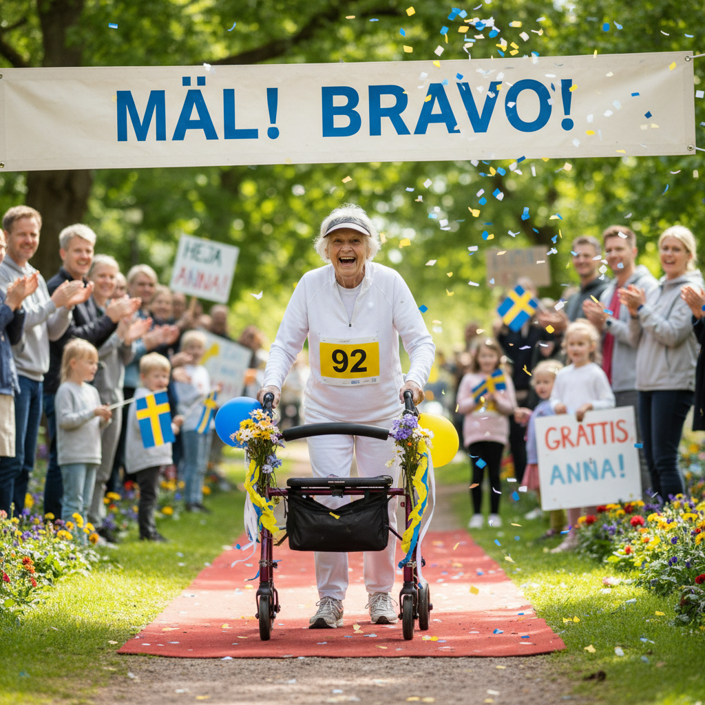 92-åriga Ingrids rekordlångsamma löparglädje fyllde Simrishamn med jubel