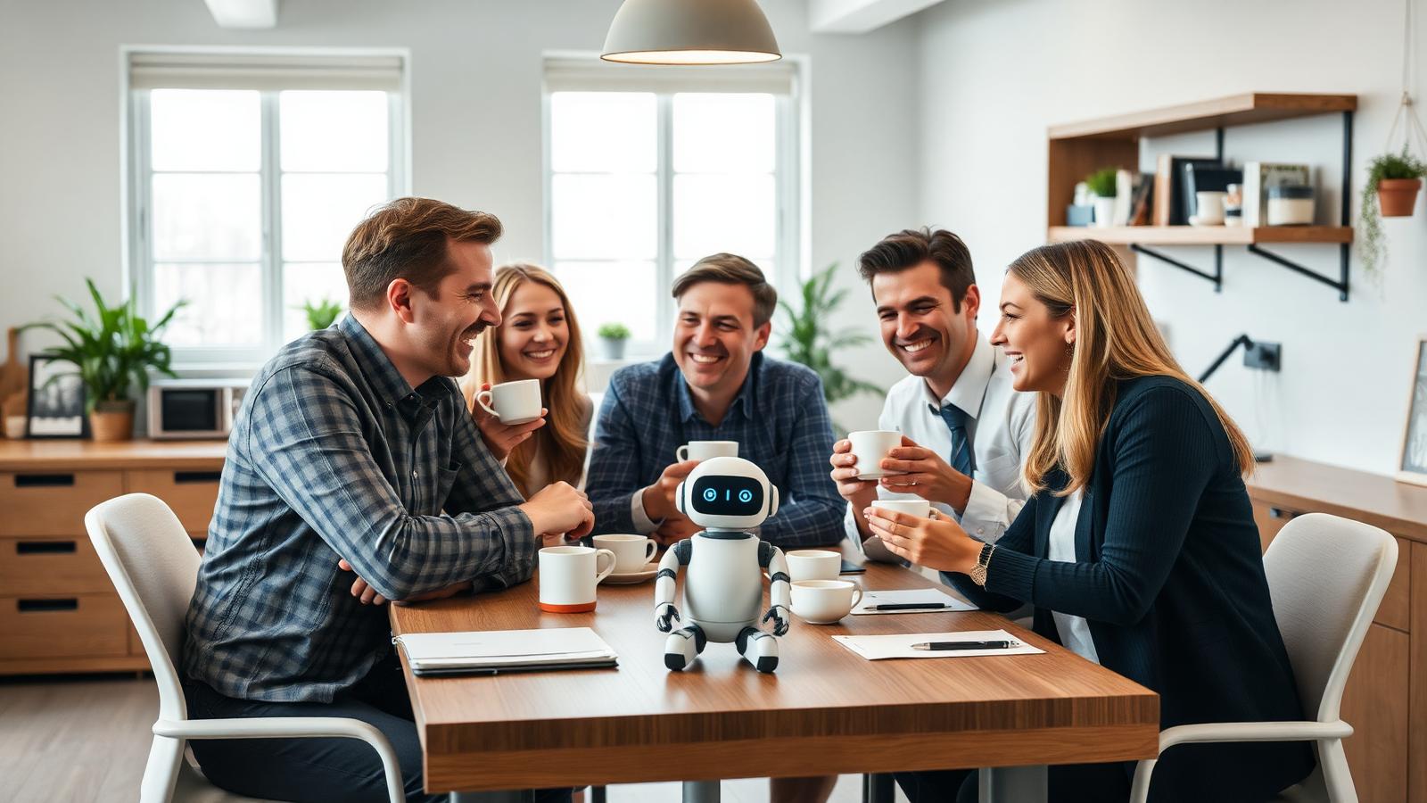 Medarbetare skrattar tillsammans med en robotkollega på fikapausen
