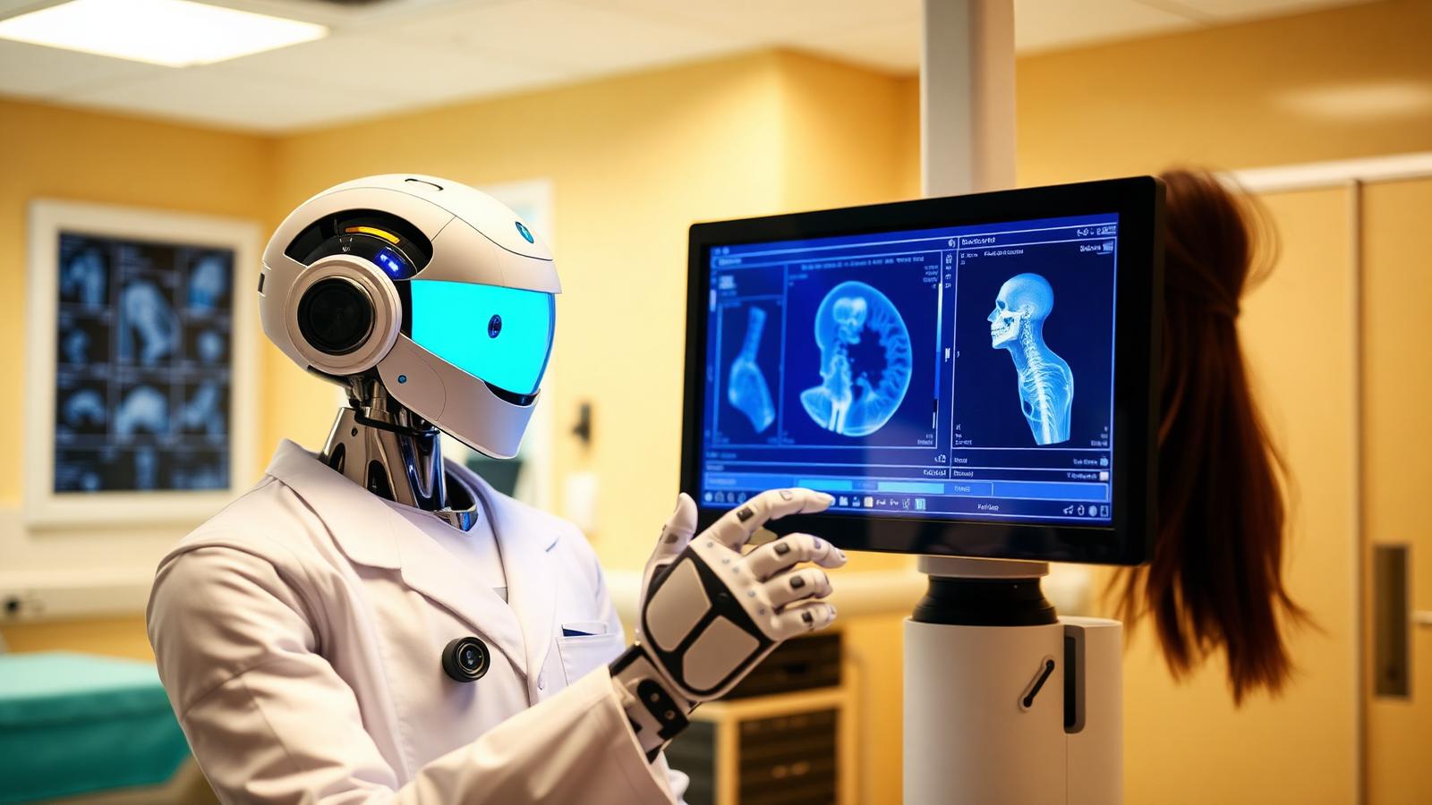 Humanoid robot och läkare granskar en medicinsk bild på sjukhus