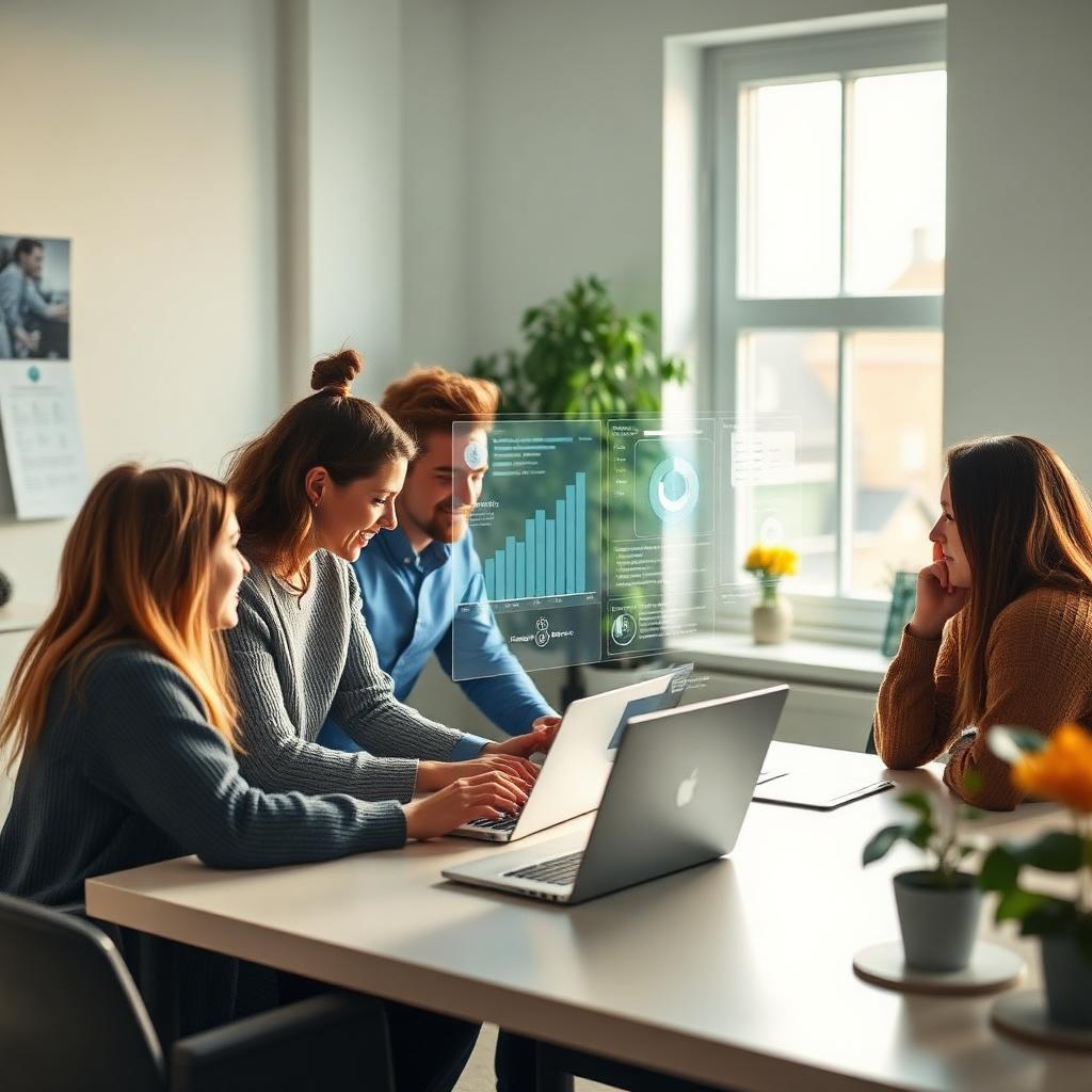 Modernt kontor där människor och AI arbetar sida vid sida