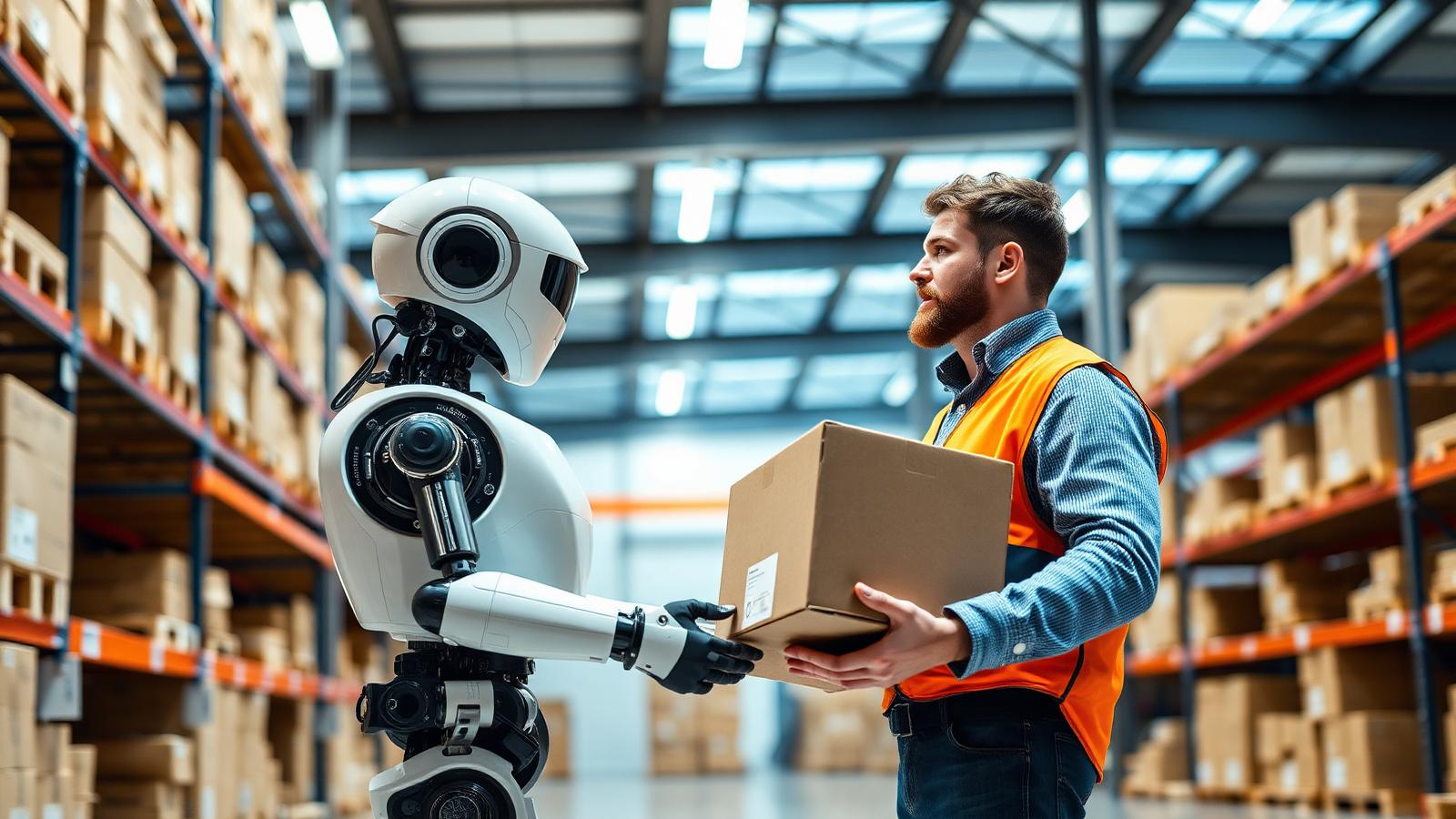 Humanoid robot hjälper lagerarbetare att lyfta lådor
