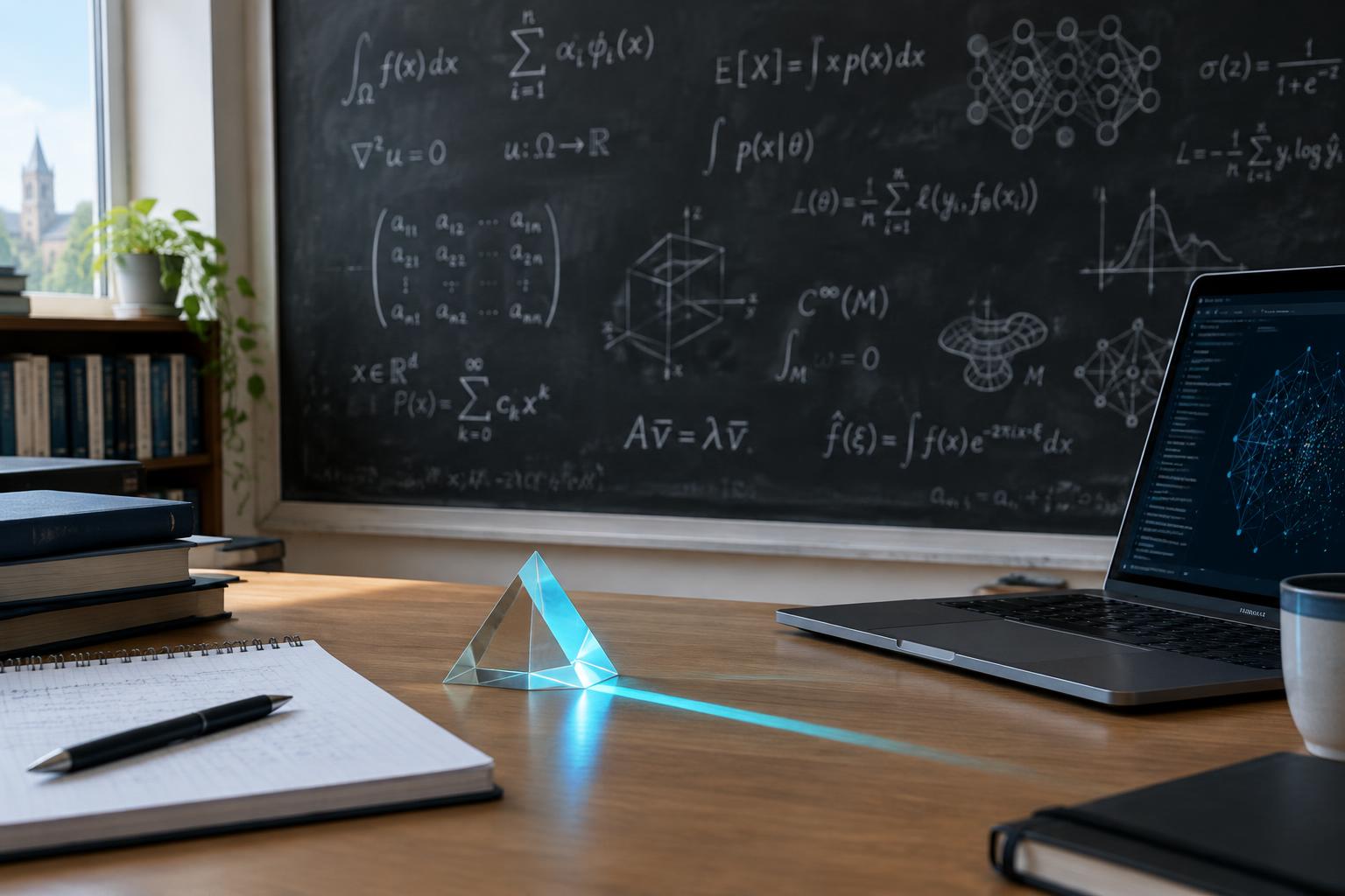 AI-genererad illustration: matematiska formler på en svart tavla och en dator på ett forskningsskrivbord. Bilden visar inte något av de rapporterade bevisen.