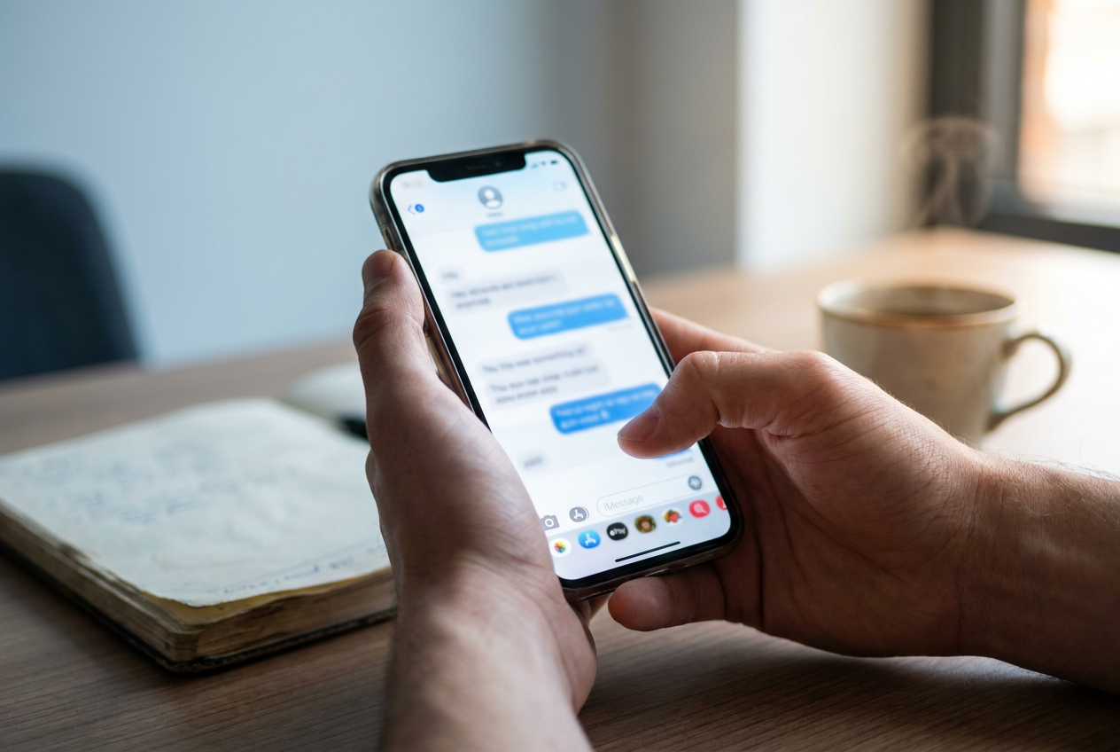 Händer som håller en mobil med en chattapp