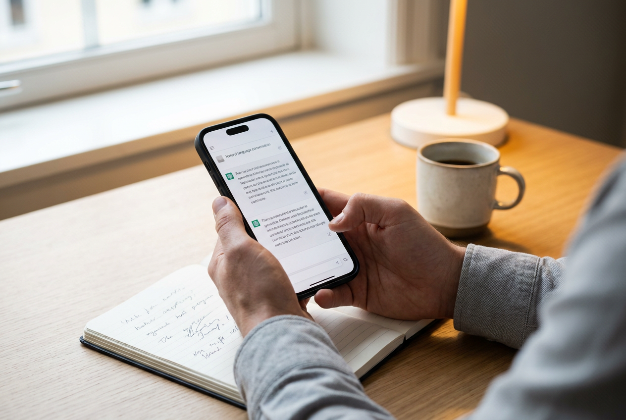 Mobiltelefon med AI-chatt på skrivbordet
