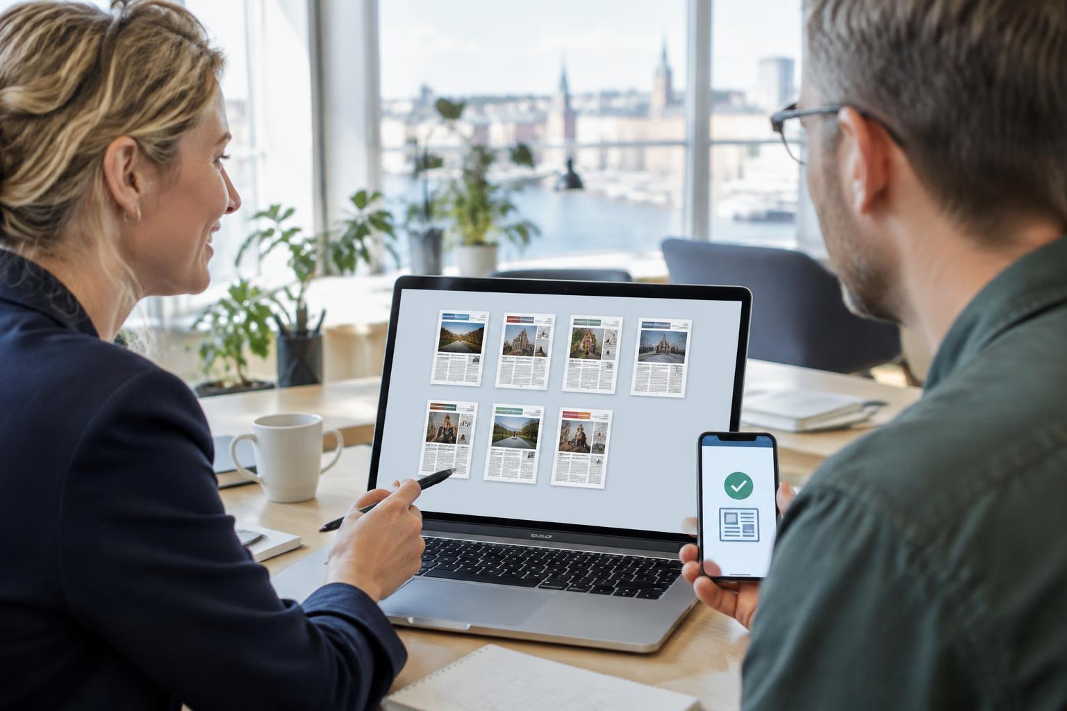 AI-genererad illustration av två kollegor som planerar annonser för flera digitala tidningar