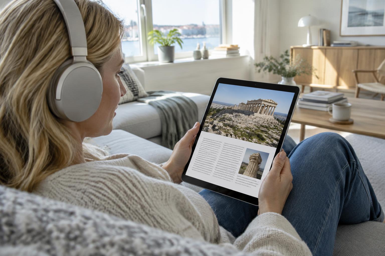 AI-genererad illustration av en läsare med hörlurar och ett historiemagasin på surfplatta