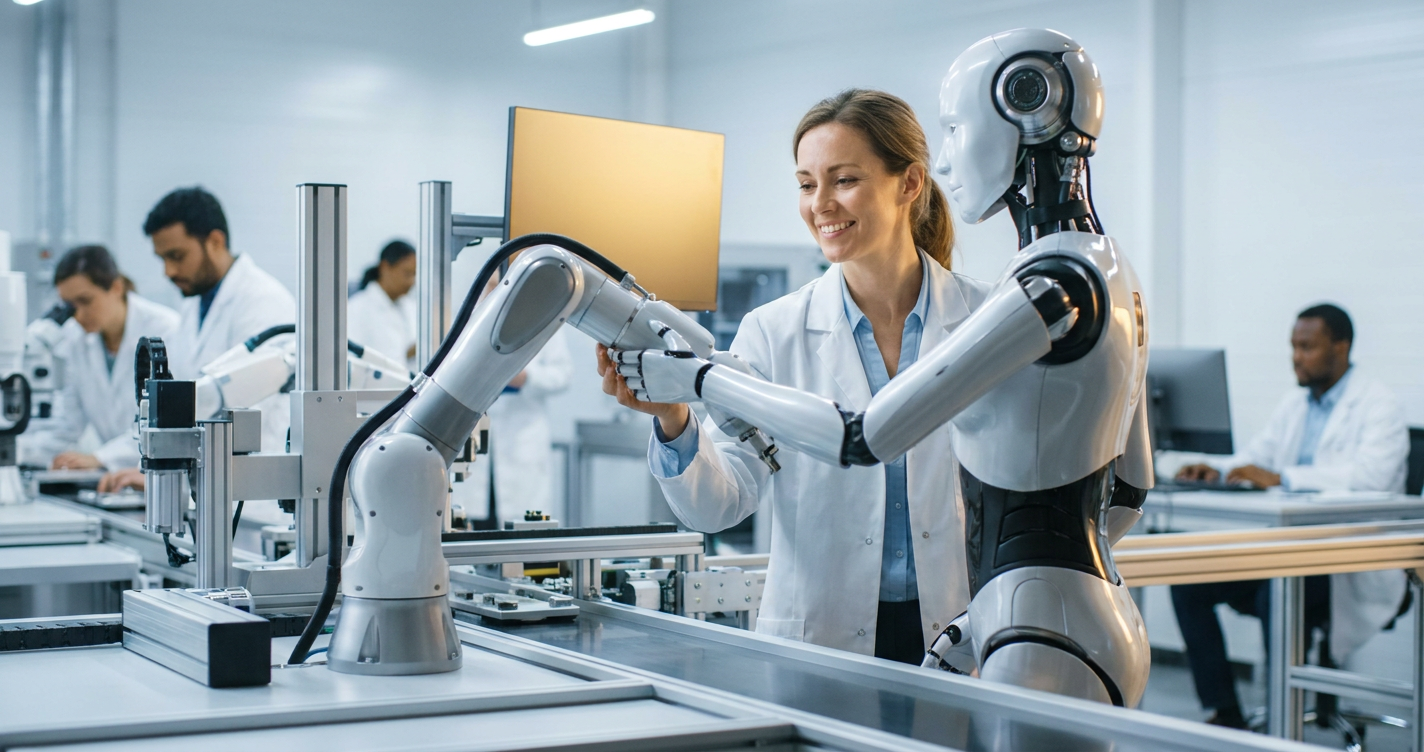 Humanoida robotar på en produktionslinje i en modern fabrik
