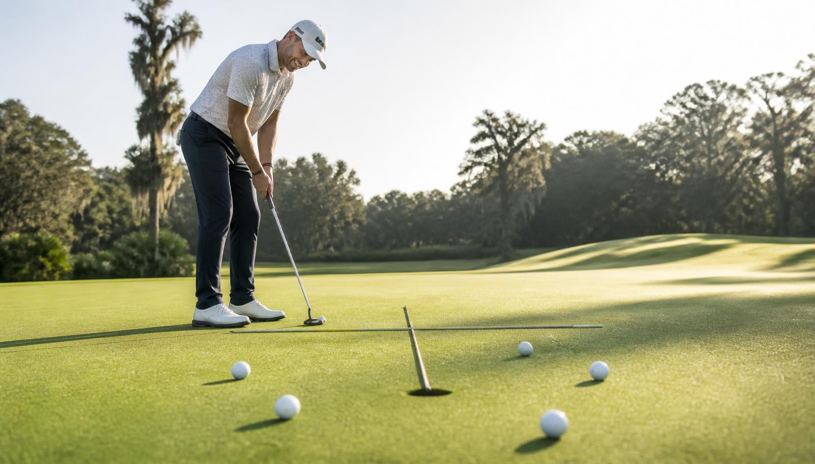 Golfspelare tränar korta puttar med siktpinnar och flera bollar runt hålet på en putting green