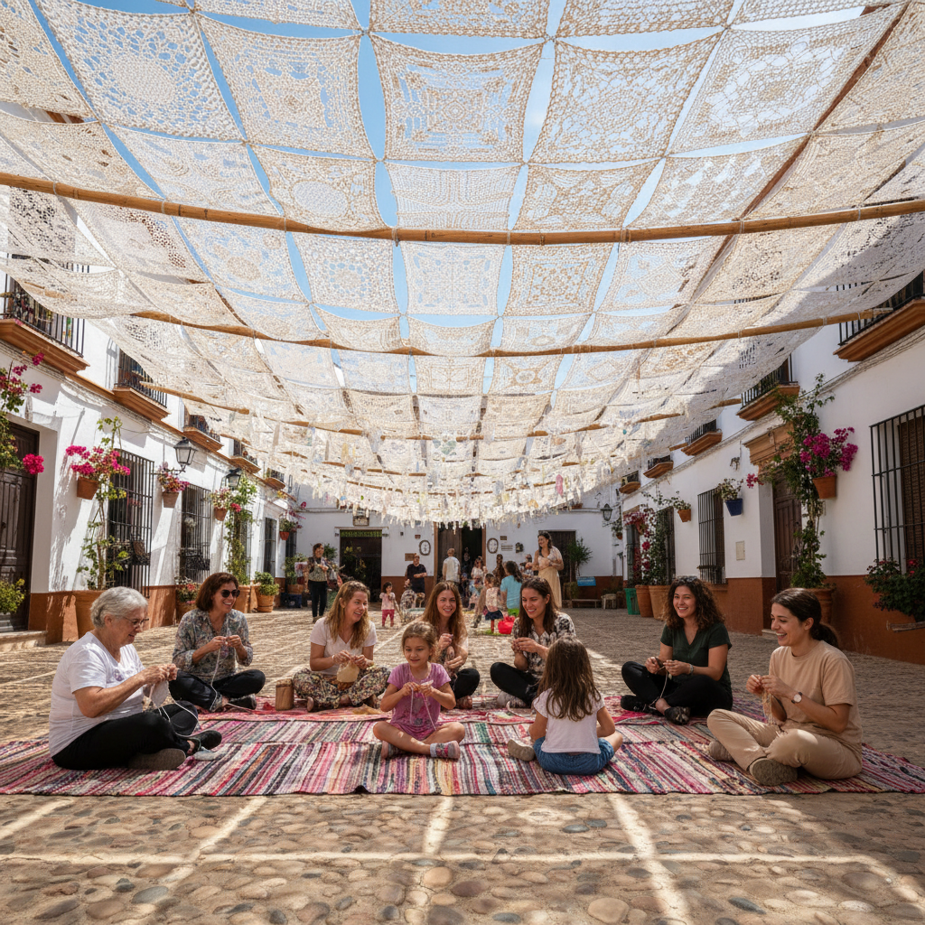 Andalusiens virkade solskydd: Generationerna möts under skuggan av gemensam spets