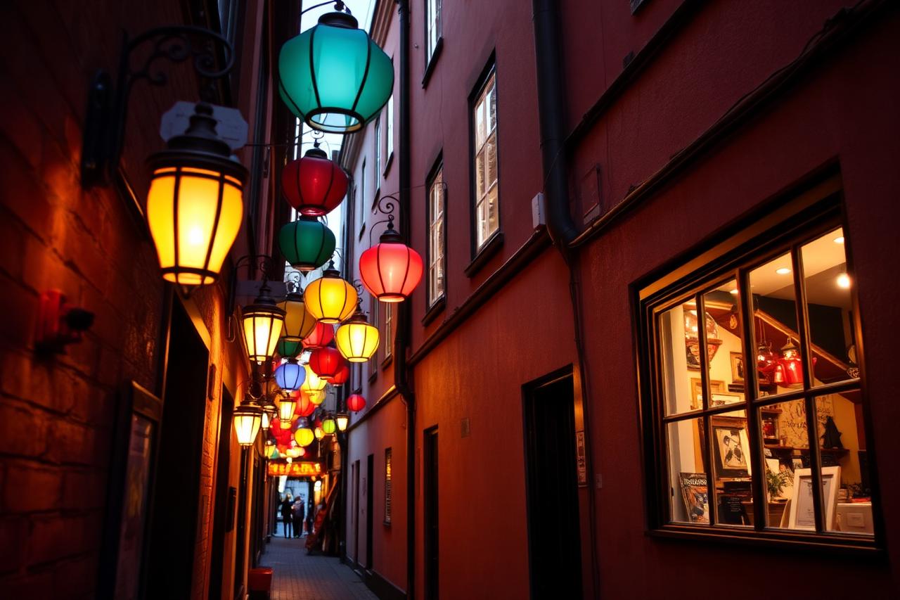Färgglada lyktor i en gammal Stockholmsgränd