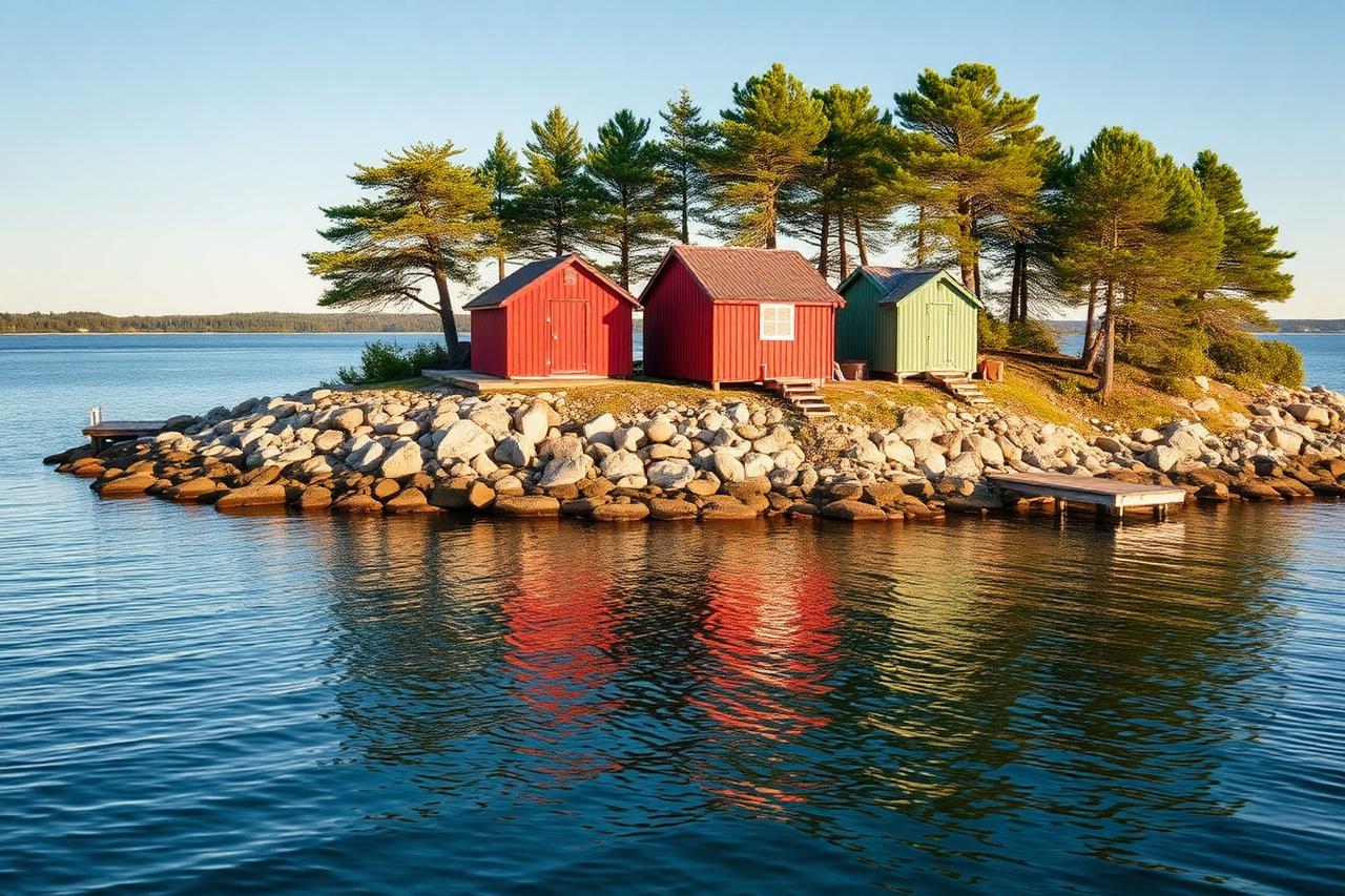 Röda och gröna sjöbodar på en klippholme i skärgården