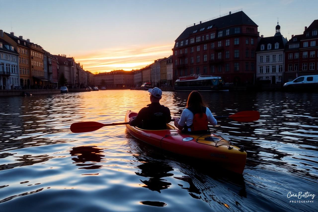 Två paddlar en kajak i solnedgången förbi gamla stadens fasader