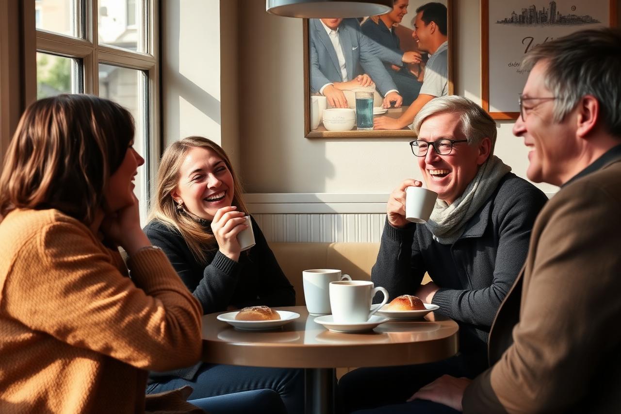 Fika och skratt på ett litet stadsdelscafé