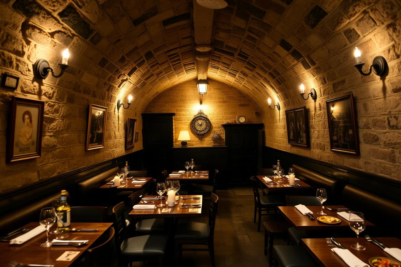 Valvad källarrestaurang med levande ljus