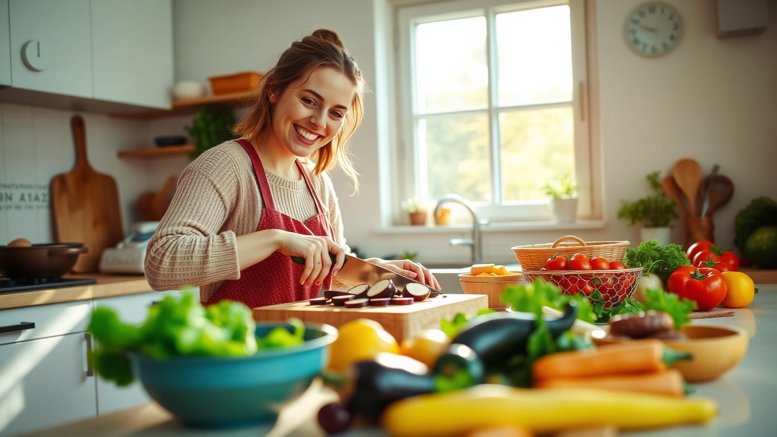 Person lagar mat med aubergine i ett ljust kök