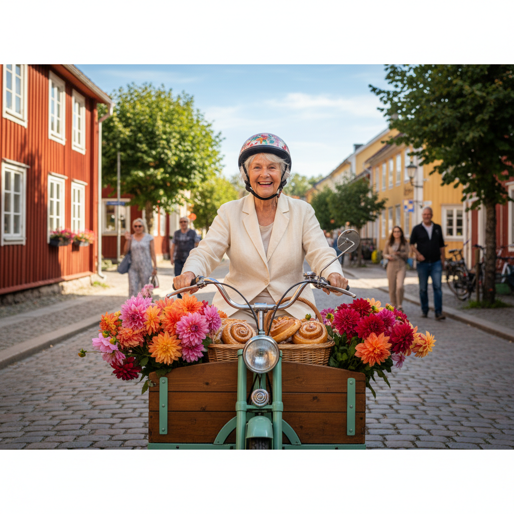 Barbros mintgröna flakmoped sprider tyst blomsterglädje i Mariestad