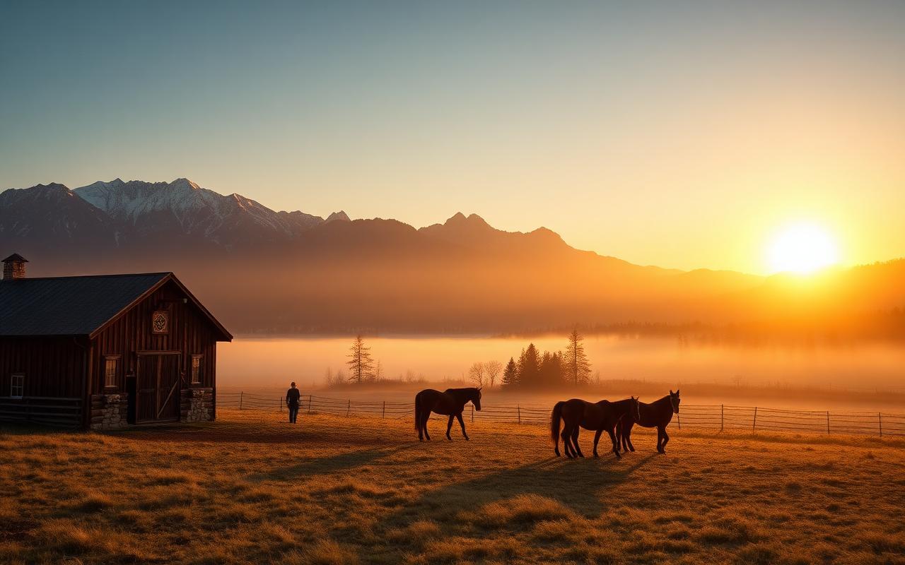 Morgondimma över en ranch i Klippiga bergen