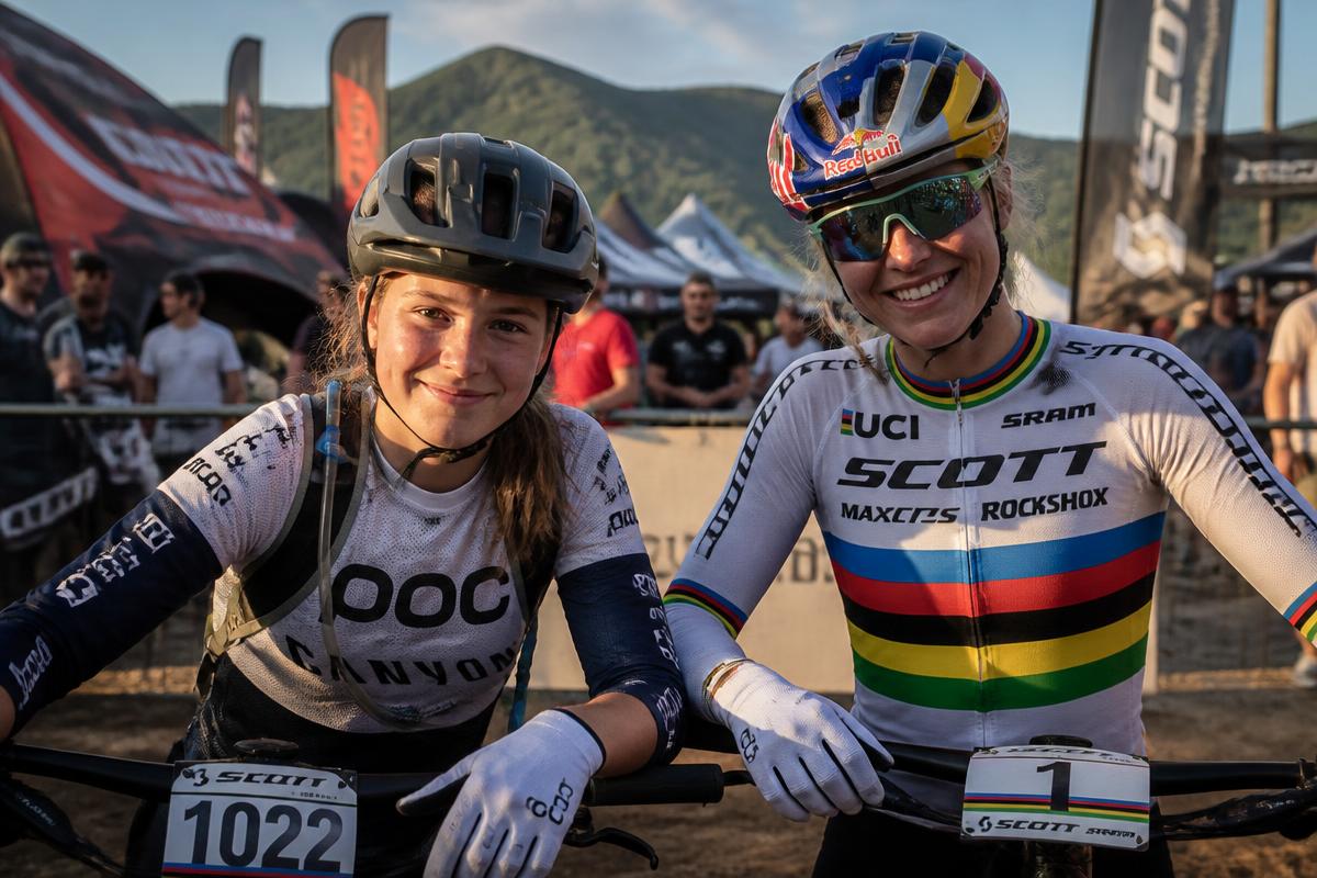 Ung kvinnlig cykeltalang och en meriterad världsmästare ler tillsammans vid startområdet under Vasaloppet Bike Festival