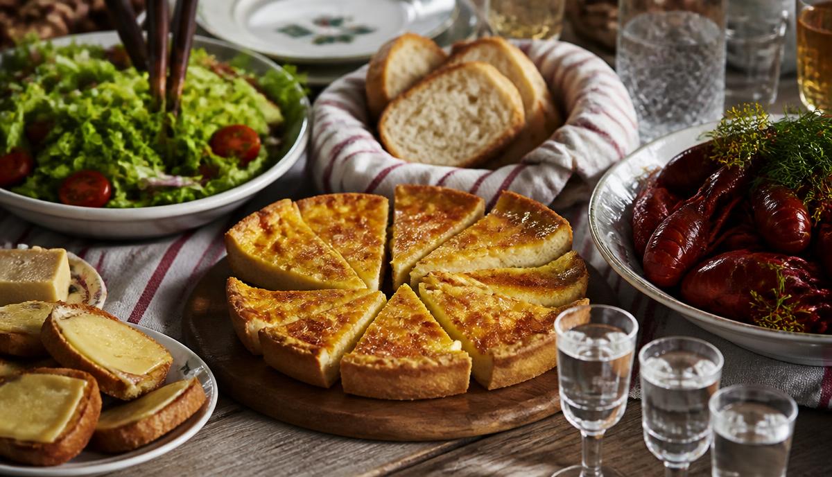Kräftskivans tillbehör: västerbottenpaj, ostmackor, sallad, bröd och snapsglas