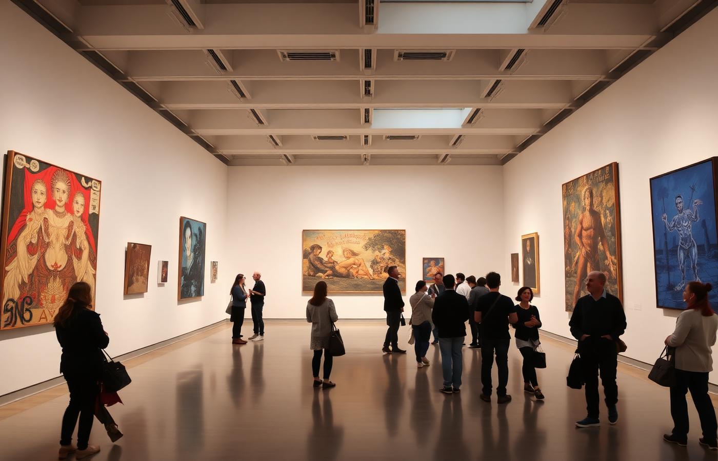 Interiör från konsthallen med besökare framför storslagna verk