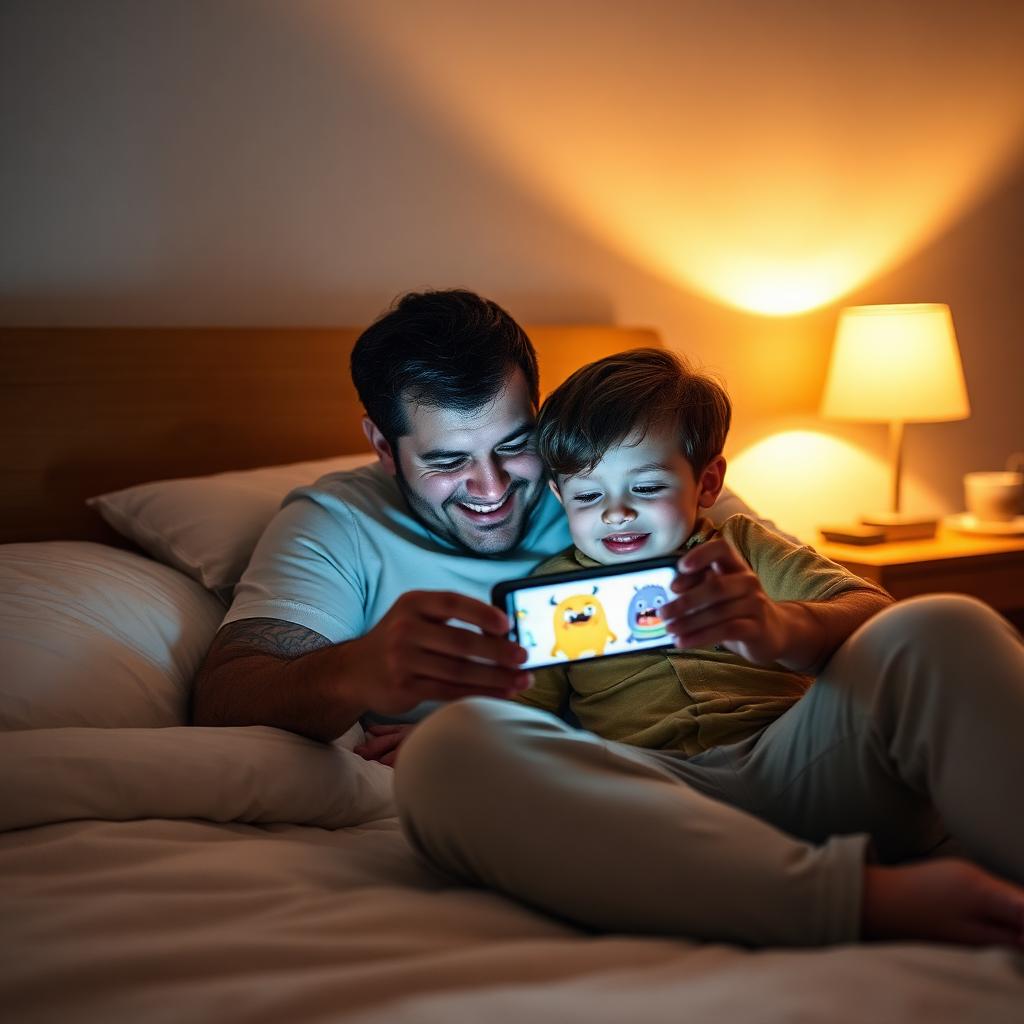 Pappa och son tittar tillsammans på DreamBuddy-appen vid sänggåendet