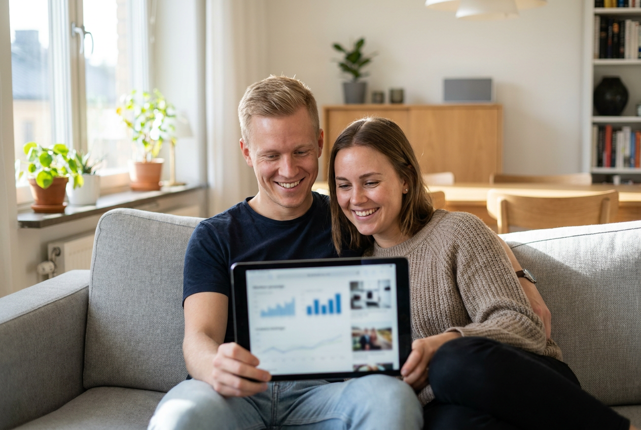 Par tittar på bostadsartiklar på surfplatta
