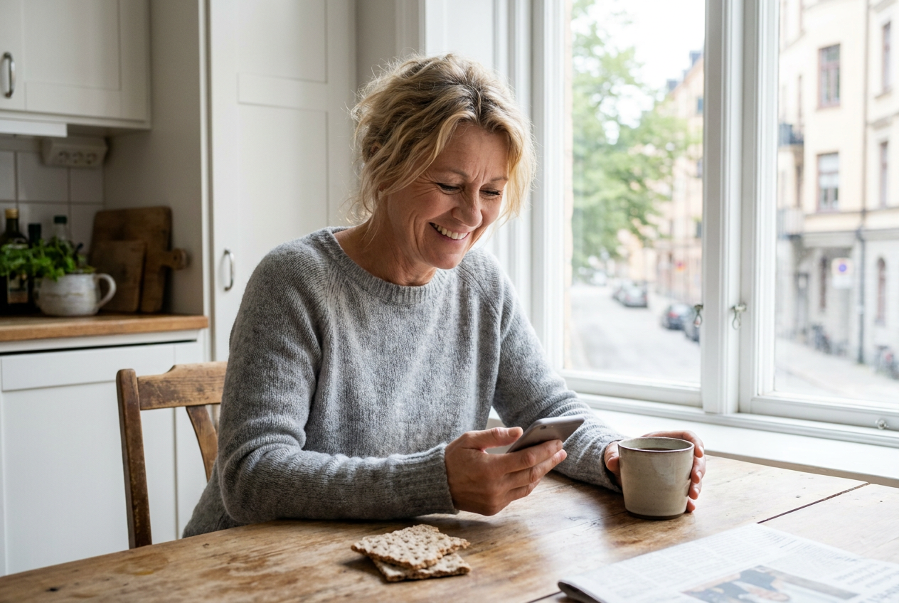 Kvinna läser goda nyheter i mobilen