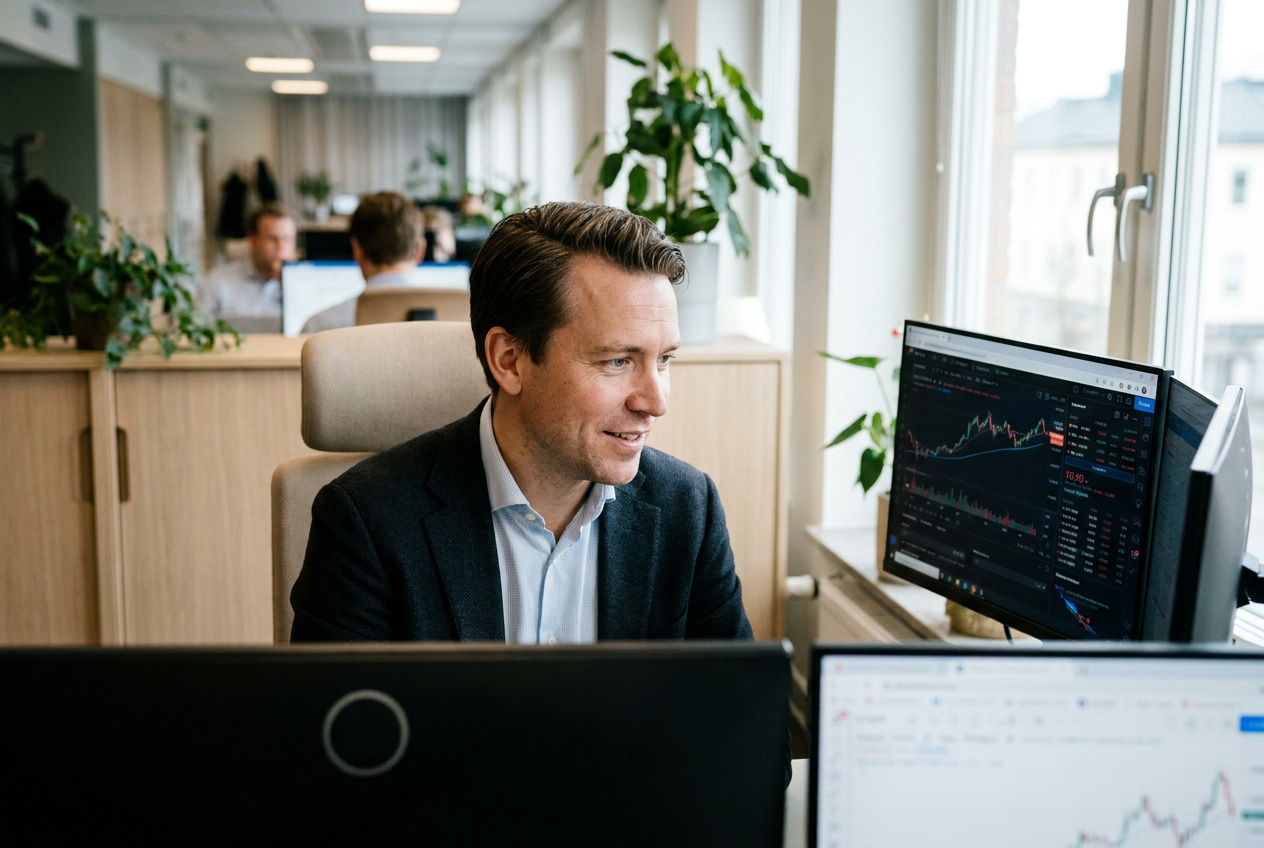 Man analyserar börsbolag på datorskärmar