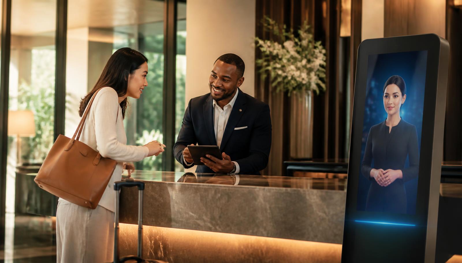 Gäst får hjälp i hotellobby med digital AI-concierge bredvid