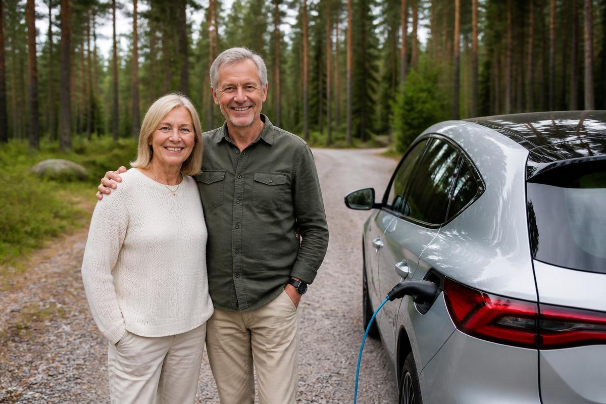 Ett par i 60-årsåldern vid sin nya elbil i svensk skog