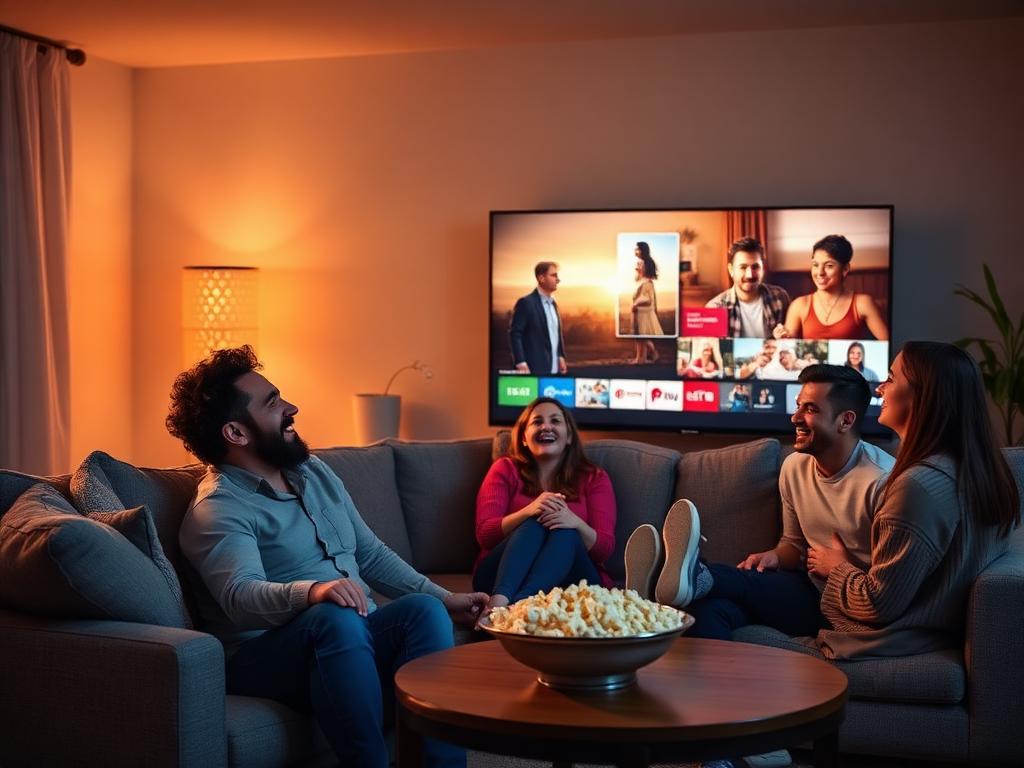 Glada människor tittar på streaming-tv tillsammans
