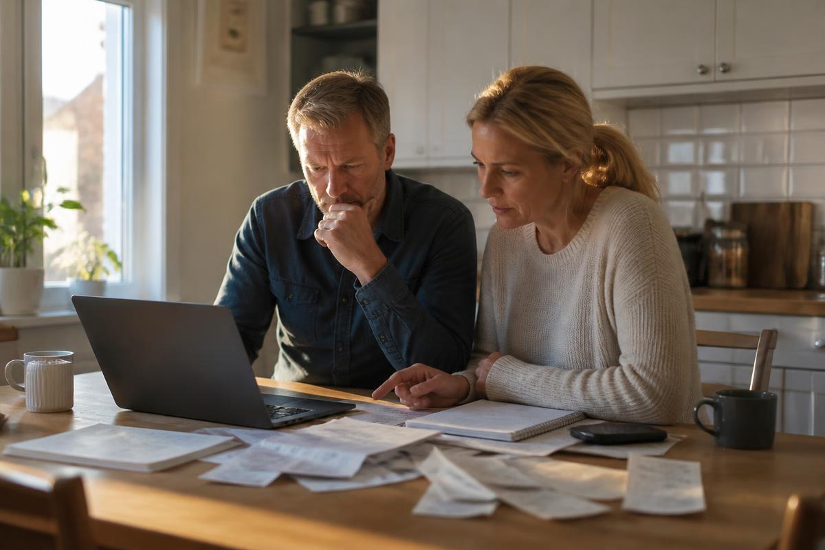 Villaägare vid köksbordet går igenom kvitton och ansökan på laptop