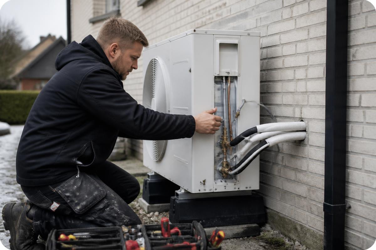 Installatör monterar en luft-vattenvärmepump vid en villavägg