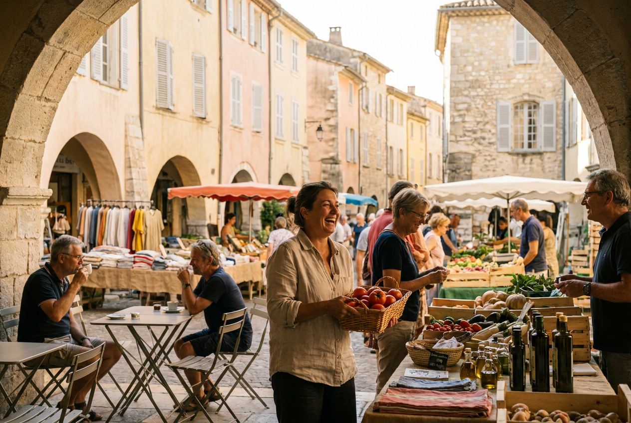 Bytorg i Valbonne med arkader och kaféstolar