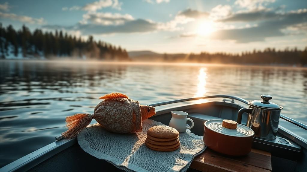 Kaffe och smörgåsar i båten, fiskespöet redo vid sidan