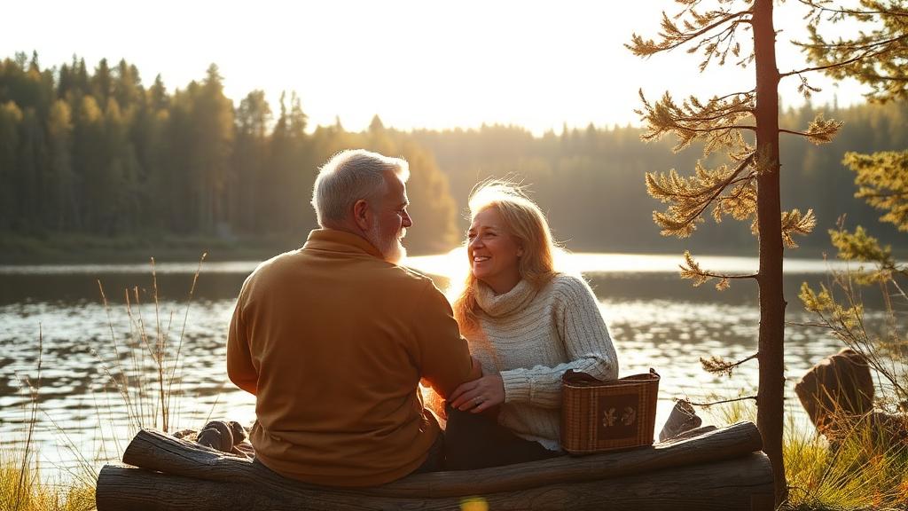 Anders och Elin skrattar tillsammans i båten, solen går ner över sjön