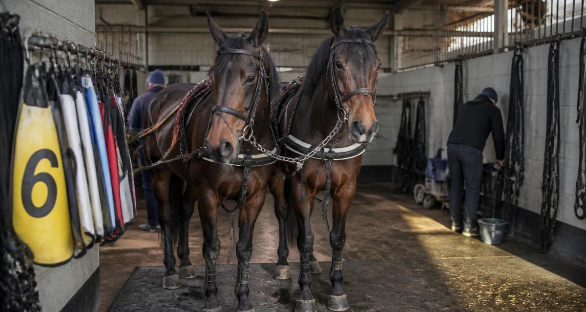 Två snarlika travhästar i stallgången inför start