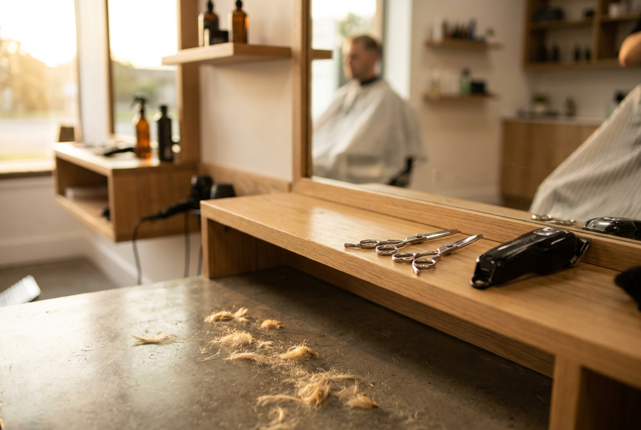 Frisörsalong med sax och trimmer på spegelbänken