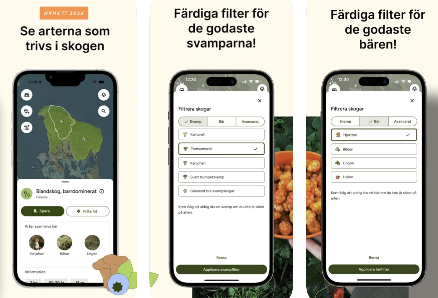 Mobiler visar artfilter för svamp och bär i Hitta Skog