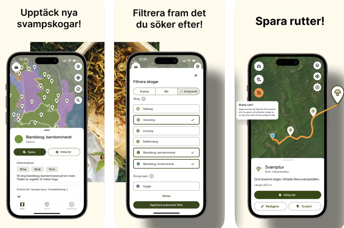 Tre mobiler visar Hitta Skog-appens karta, filter och ruttfunktion