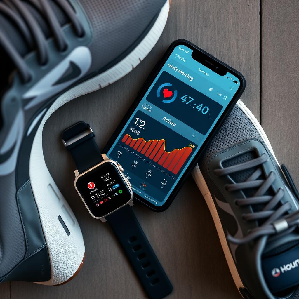 Galaxy Watch tillsammans med löparskor och telefonens hälsodashboard