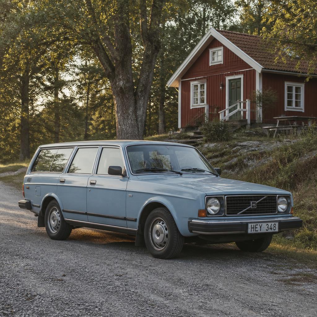 Ljusblå Volvo 245 med svensk nummerplåt parkerad vid rött sommarstugehus på grusväg i kvällsljus