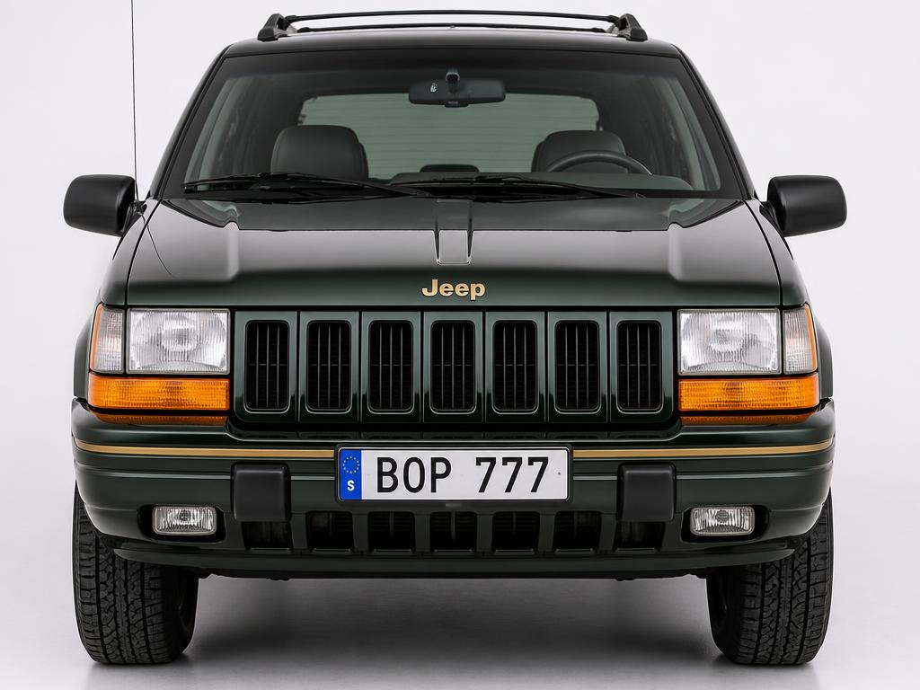 Mörkgrön Jeep Grand Cherokee ZJ Limited med svensk registreringsskylt BOP 777 på vit bakgrund