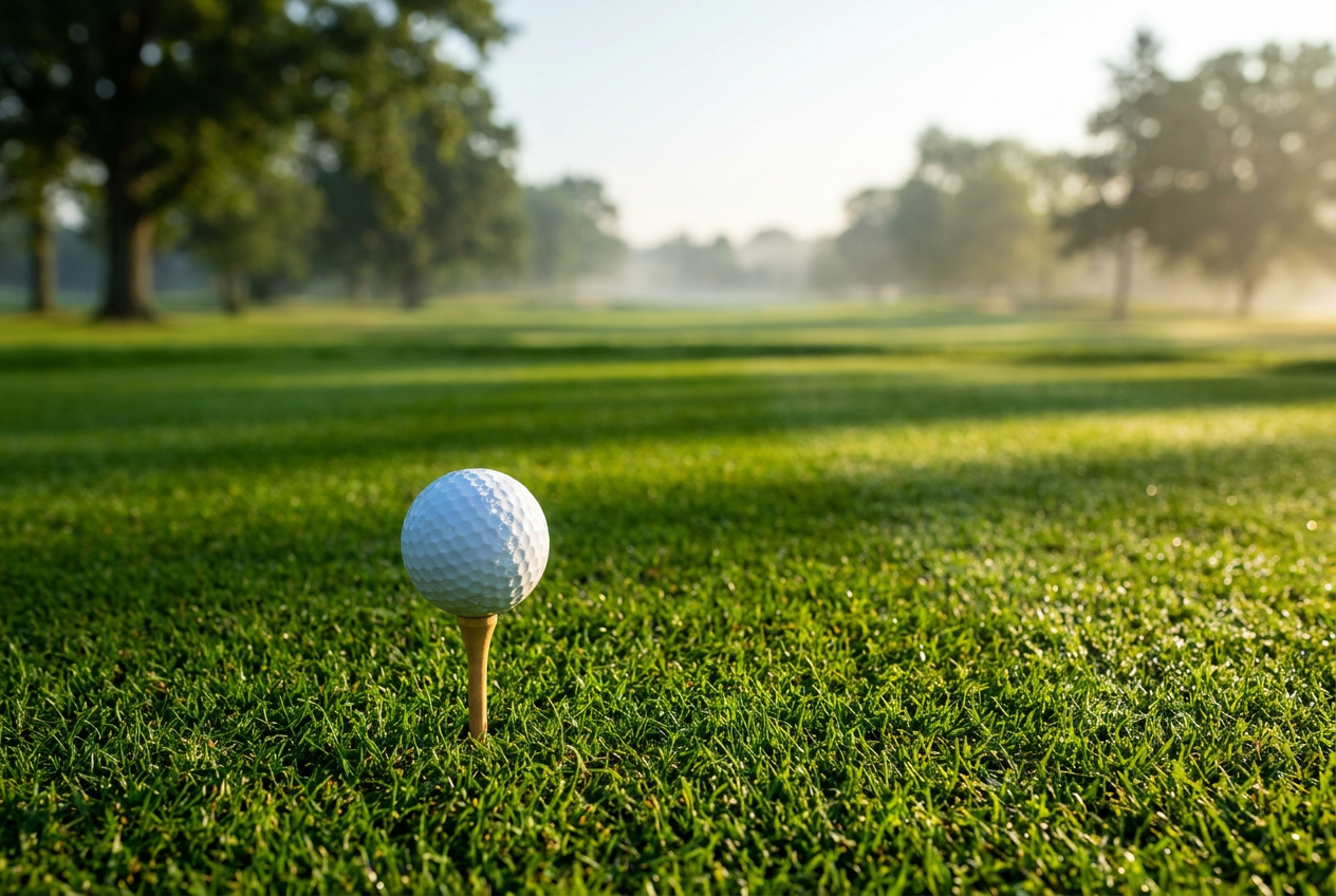 Golfboll på tee framför en solbelyst fairway