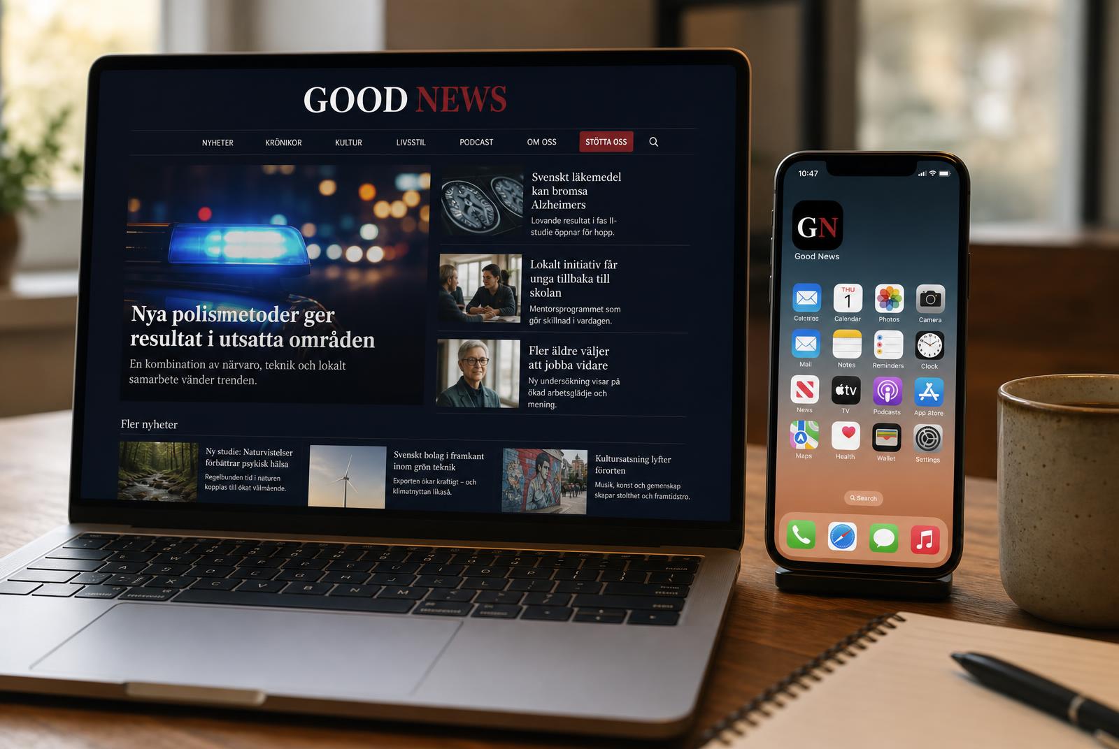 Laptop med Good News öppen bredvid en iPhone med Good News-ikonen på hemskärmen
