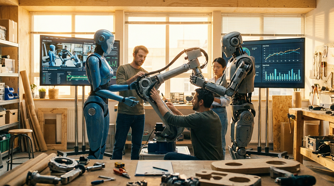 Två humanoida robotar samarbetar med människor i ett ljust verkstadsutrymme