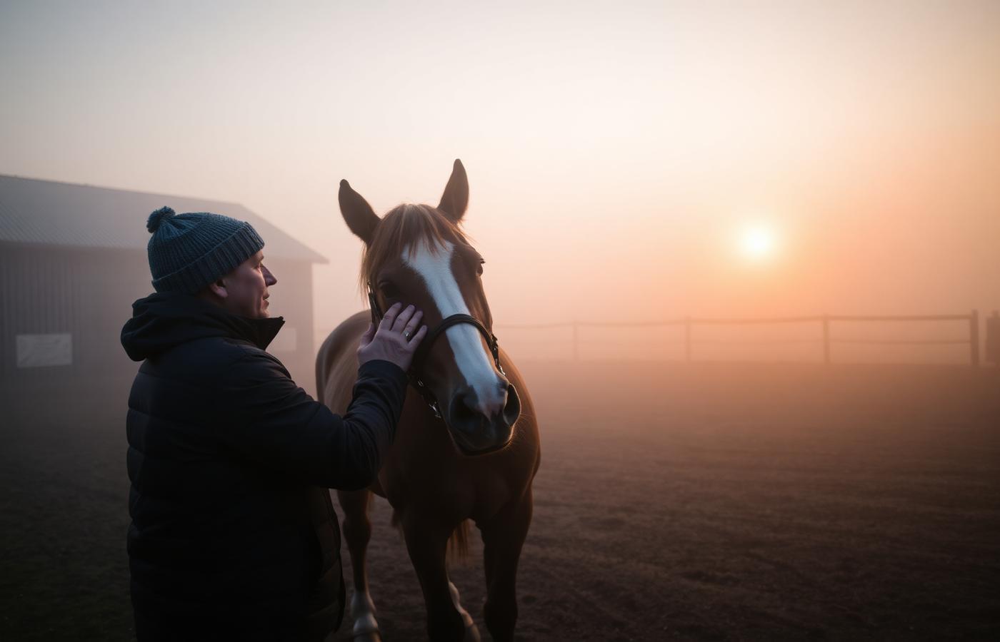 Lugn morgonstund i hagen med travhästen