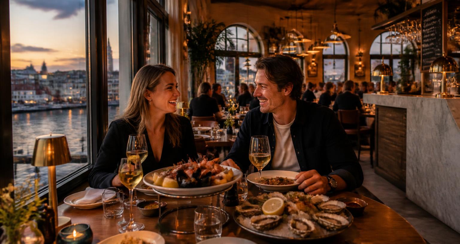 Gäster skrattar över skaldjur och vin på en varmt upplyst restaurang vid vattnet i Göteborg