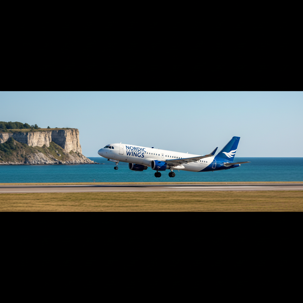 Flygplan lyfter från Visby flygplats på Gotland en solig sommardag